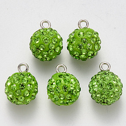 Перидот Подвески со стразами из полимерной глины, с железной петлей с платиновым покрытием, круглые, проложить диско-шар, перидот, С. 16 (2.2~2.3 мм), 15x12 мм, отверстие : 2 мм