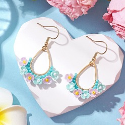 Бирюза Серьги-капли из смолы и стеклянных бусин, С 304 результатами из нержавеющей стали, золотые, бирюзовые, 43x26 мм