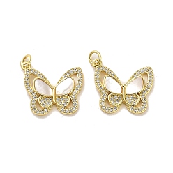 Butterfly Brass Micro Pave Cubic Zirconia Pendants, with Shell, Real 18K Gold Plated, Butterfly, 18x20x3mm, Hole: 3.5mm