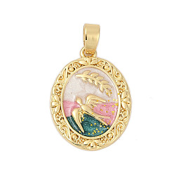 Pink Латунь эмаль подвески, овал с подвесками в виде птиц, стойки покрытие, прочное покрытие, без кадмия и без свинца, реальный 18 k позолоченный, розовые, 18.5x13.5x2 мм, отверстие : 3.5x2.5 мм