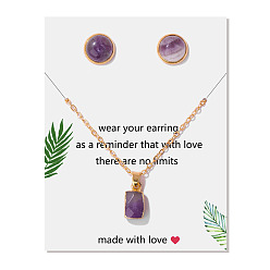 Аметист Комплекты круглых серег-гвоздиков из натурального аметиста и прямоугольных подвесок-ожерелий, комплект металлических украшений для женщин, 450~500 мм