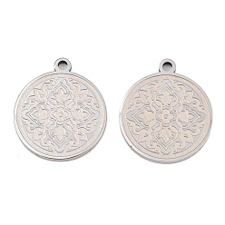 Stainless Steel Color 304 Stainless Steel Pendants, Flat Round with Flower Pattern Charms, Stainless Steel Color, 25x21.5x2mm, Hole: 2mm