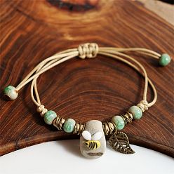 Бледно-Зеленый Регулируемые фарфоровые бусины-цветы ручной работы плетеные браслеты из бусин, браслеты с подвесками в виде листьев из сплава для женщин, бледно-зеленый, 7-1/8 дюйм (18 см)