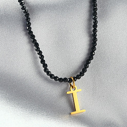 Letter I 304 подвеска из нержавеющей стали с инициалом, ожерелья из граненых круглых бусин черного стекла для женщин, золотые, Буква "i", 15.35 дюйм (39 см)