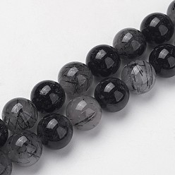 Черный Натуральный черный Rutilated кварцевые нити бисера, круглые, чёрные, 13 мм, отверстие : 1 мм, около 31 шт / нитка, 15.7 дюйм