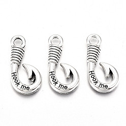 Antique Silver Tibetan Style Alloy Hook Clasps, Fish Hook Charms, For Leather Cord Bracelets Making, Lead Free & Cadmium Free, with Word Hook Me, Antique Silver, 25.5x12x2.5mm, Hole: 3mm, about 340pcs/500g