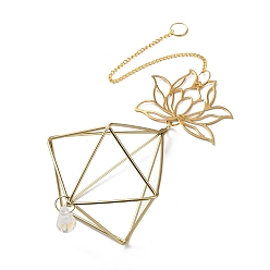 Golden Quartz Crystal & Brass Pendant Decorations, with Iron Findings, Lotus Flower, Golden, 365mm, Pendants: 200x76mm