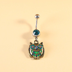 Сова 316l хирургическая нержавеющая сталь с эмалью из кубического циркония, изогнутая штанга, подвеска для живота, цвет нержавеющей стали, сова, длина стержня: 3/8"(10мм), штифты : 1.6 мм