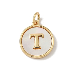 Letter T Латунный паве натуральный ракушка плоский круглый с буквенными подвесками, реальный 18 k позолоченный, долговечный, без свинца и без кадмия, стойки покрытие, цвет морской раковины, Письмо T, 15x13x2 мм, отверстие : 3 мм