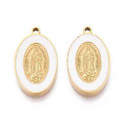 Белый Религия 304 овальные подвески из нержавеющей стали и эмали, прелести девы марии, ионное напыление (IP) настоящее 18позолоченное золото, белые, 20.5x12x1.8 мм, отверстие : 1.5 мм