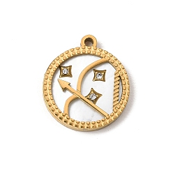Sagittarius 12 Constellations 304 Stainless Steel & Natural Shell & Rhinestone Pendants, Ion Plating(IP), Long-Lasting Plated, Sagittarius Charm, 17x15x2mm, Hole: 1.5mm