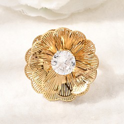 Золотой 201 Регулируемые кольца-манжеты из нержавеющей стали с одинарным кубическим цирконием для женщин, цветок, золотые, 25x26 мм, внутренний диаметр: 18 мм