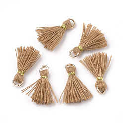 Camel Polycotton(Polyester Cotton) Tassel Pendant Decorations, Mini Tassel, with Iron Findings and Metallic Cord, Light Gold, Camel, 10~15x2~3mm, Hole: 1.5mm