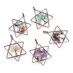 Mixed Stone Natural Mixed Stone Pendants, with Brass Findings, Star, Red Copper, 52x43x5~6mm, Hole: 5x8mm