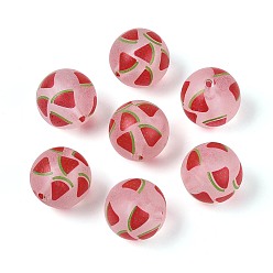 Арбуз Прозрачные матовые акриловые бусины, круглый с фруктами, огнеупорный кирпич, арбуз, 15~15.5 мм, отверстие : 2.5 мм