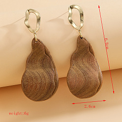 Teardrop Alloy Wood Stud Dangle Earrings, Golden, Teardrop, 68x26mm