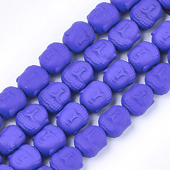 Blue Spray Painted Non-magnetic Synthetic Hematite Beads Strands, Matte Style, Buddha Head, Blue, 10x9x7.5mm, Hole: 1mm, about 39pcs/strand, 15.7 inch