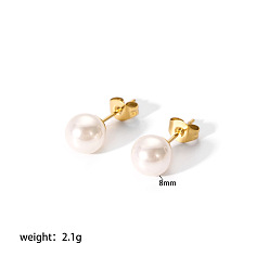 Настоящее золото 18K Элегантные 304 серьги-гвоздики из нержавеющей стали с искусственным жемчугом, круглые, реальный 18 k позолоченный