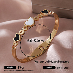 Heart 304 Stainless Steel Black Enamel Hinged Cuff Bangles with Natural White Shell for Women, Golden, Heart, Inner Diameter: 2.36 inch(6cm)