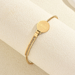 Golden 201 Stainless Steel Crystal Rhinestone Arc Bar Saint Benedict Medal Link Bracelets for Women, Golden, 6.89 inch(17.5cm)