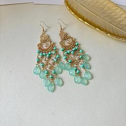 Аквамарин Серьги-люстры из акрила и сплава, слеза, золотые, аквамарин, 110x25 мм