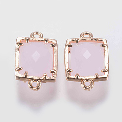 Розовый Соединители стеклянные ссылки, с латунной найти, граненые, прямоугольные, золотые, туманная роза, 15x9x4 мм, отверстие : 0.6 мм