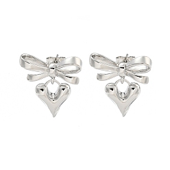 Platinum Bowknot & Heart Brass Stud Dangle Earrings for Women, Platinum, 25x21.5mm