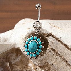 Oval Ковбойская тема 304 изогнутые кольца для живота в форме штанги из нержавеющей стали с паве из синтетической бирюзы, античное серебро, овальные, 47x18 мм