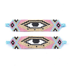 Hot Pink Handmade Seed Beads Links Connectors, with Elastic Thread, Loom Pattern, Rectangle with Evil Eye, Hot Pink, 17.5x85~86x1.5~3.5mm, Hole: 2.5mm