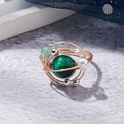 Тигровый глаз Планета натуральный тигровый глаз перстни, женские кольца из медной проволоки, размер США 8 1/2 (18.5 мм)