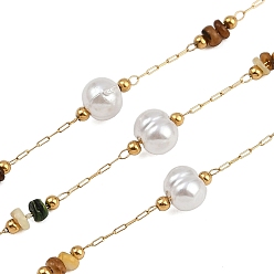 Сиена 304 цепи из нержавеющей стали, круглые, с искусственным жемчугом из АБС-пластика и крашеными ракушечными бусинами, ионное покрытие (ip), реальный 18 k позолоченный, несварные, с катушкой, цвет охры, 2x0.5x0.1 мм