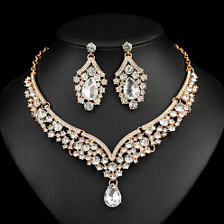 Кристалл Ожерелья из сплава со стразами в форме капли и серьги-гвоздики в комплекте, золотые, кристалл, 420 мм