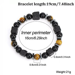 Черный Европейские синтетические немагнитные браслеты из гематита, натурального обсидиана, лавовой породы и тигрового глаза, выполненные из эластичных бусин, для мужчин., чёрные, 6.30 дюйм (16 см)