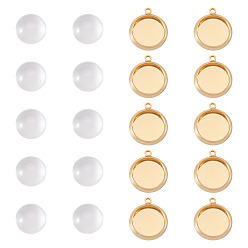 Настоящее золото 18K 12шт. латунные подвески-кабошоны, долговечный, без никеля , плоско-круглые, с 12 стеклянными кабошонами, реальный 18 k позолоченный, лоток : 10 мм, 14x12x2 мм, отверстие : 1.2 мм