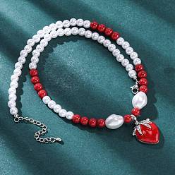 Platinum Strawberry Brass Micro Pave Clear Cubic Zirconia Red Enamel Pendant Necklaces for Women, Plastic Imitation Pearl Beaded Necklaces, Cadmium Free & Lead Free, Long-Lasting Plated, Rack Plating, Platinum, 17.32 inch(44cm)