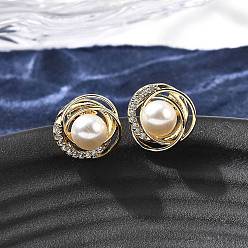 Золотой Круглые серьги-гвоздики из латуни с микропаве из прозрачных кубических цирконий, с пластиковой имитационной жемчужиной, стойки покрытие, без кадмия и без свинца, золотые, 12.5x13.5 мм