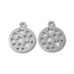 Нержавеющая Сталь Цвет Не тускнеющие 304 подвески из нержавеющей стали, лазерная резка, плоский круглый со звездными подвесками, цвет нержавеющей стали, 14.5x12x1 мм, отверстие : 1.6 мм