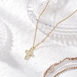 Cross Колье с кулоном из латуни с прозрачным кубическим цирконием, 304 колье из нержавеющей стали, крестик, 15.55 дюйм (39.5 см), крест: 17x11 мм