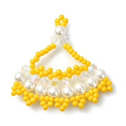 Clear Glass Seed Beaded Pendants, Dress Charm, with Glass Pearl, Clear, 35.5x36x4.5mm, Hole: 0.9mm