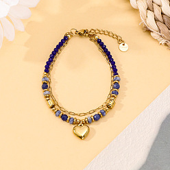 Содалитовое 304 Двухслойный браслет из цепочки из нержавеющей стали и бусин из натурального содалита, браслеты с подвесками в форме сердца для женщин, золотые, 6.69 дюйм (17 см)