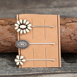 Antique Silver Tibetan Styles Alloy Hair Bobby Pins, with Synthetic Turquoise, Antique Silver, 74mm, 3pcs/set