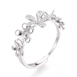 Платинированный Цветочная латунь микропаве прозрачный кубический цирконий регулируемые настройки кольца, за половину пробурено бисера, без кадмия, без никеля и без свинца, Реальная платина, штифты : 0.5 мм, 9.2 мм, внутренний диаметр: 18~18.5 мм