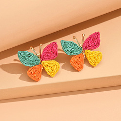 Разноцветный Серьги-гвоздики в виде бабочек из сплава и рафии, золотые, красочный, 34 мм
