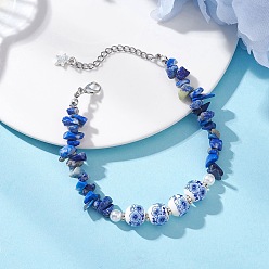 Ляпис-Лазурь Браслеты из фарфоровых бусин ручной работы с натуральным окрашенным лазуритом и цветочным принтом для женщин, круглые, 7-3/4x3/8 дюйм (19.7x1.05 см)