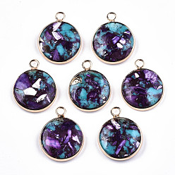 Сине-фиолетовый Плоские круглые собранные подвески из синтетической бирюзы и натурального регалита / императорской яшмы, с железной петлей и латунным краем, золотой свет, окрашенные, синий фиолетовый, 22x18x5~6 мм, отверстие : 2 мм