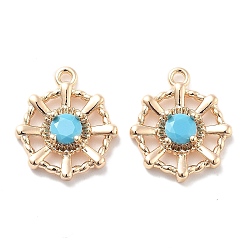 Настоящее золото 18K Латунь стекло кулоны, граненые, глубокое синее небо, цветок, реальный 18 k позолоченный, 15x13x3 мм, отверстие : 1.2 мм