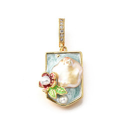 Кадет Синий Латунные подвески с микропаве из кубического циркония и эмали, прямоугольник с цветочными подвесками, с натуральным пресноводным жемчугом, без никеля , реальный 18 k позолоченный, кадетский синий, 22x16.5x6.5 мм, отверстие : 6.5x4.5 мм