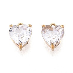 Прозрачный Стеклянные прелести, сердце, с 304 нержавеющей стали, граненые, ионное покрытие (ip), золотые, прозрачные, 8x6x4 мм, отверстие : 1.2 мм