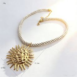 Sun Summer Beach 304 Stainless Steel Pendant Twisted Cotton Cord Necklaces, Real 18K Gold Plated, Floral White, Sun, 15.75 inch(40cm), Pendant: 51x48mm