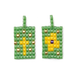 Зеленый лайм 2 подвески из стеклянных бусин шт., прямоугольник с узором «ветряной глаз»/крест, зеленый лайм, 20x10x1.5 мм, отверстие : 2 мм, 2 шт / комплект